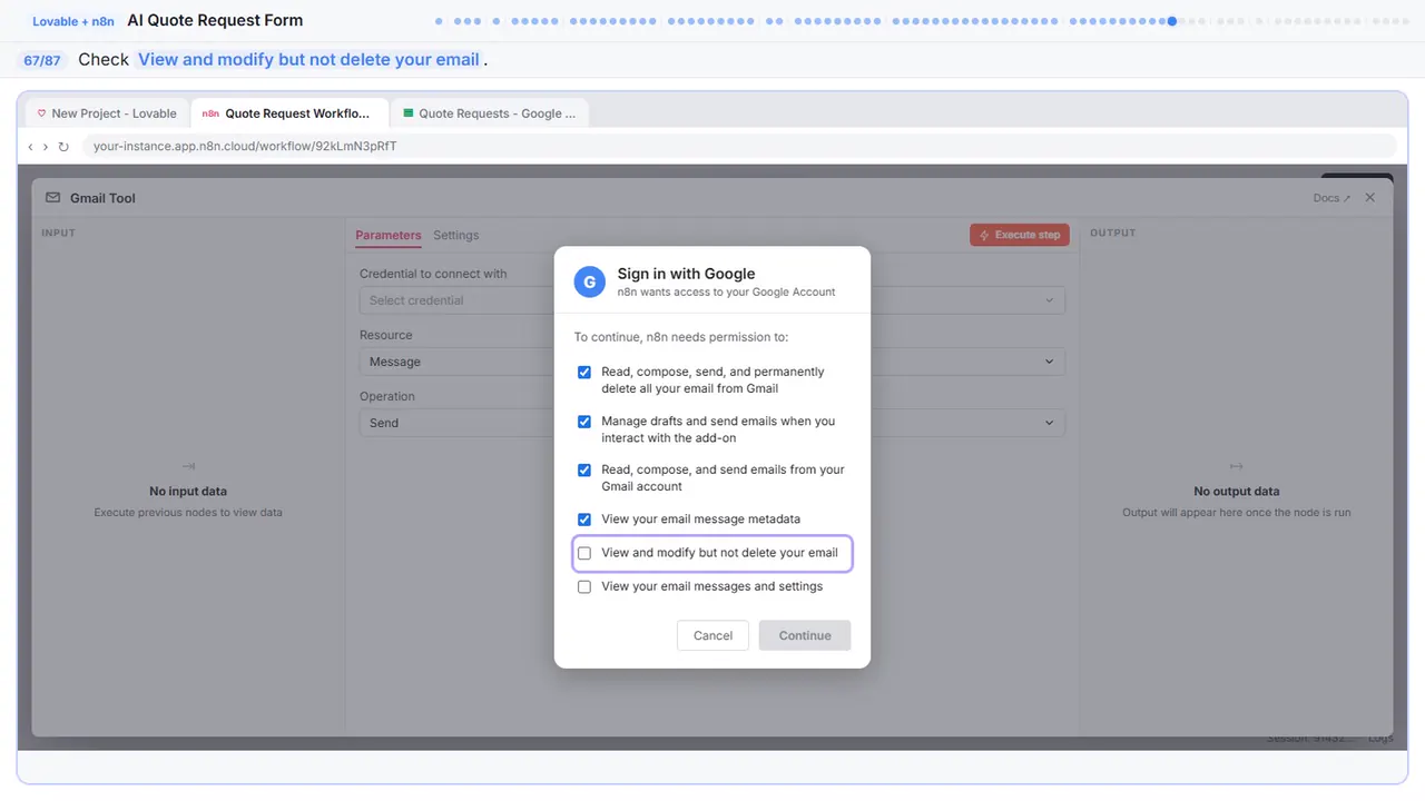 Gmail in Stepthrough’s practice copy, step 67 of 87 (Allow modify): the cursor is on “View and modify but not delete your email”, highlighted.