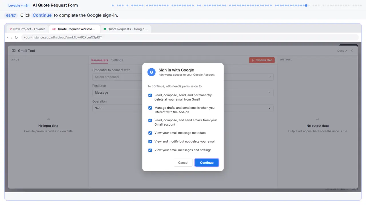 Gmail in Stepthrough’s practice copy, step 69 of 87 (Sign in): the cursor is on “Continue”, highlighted.