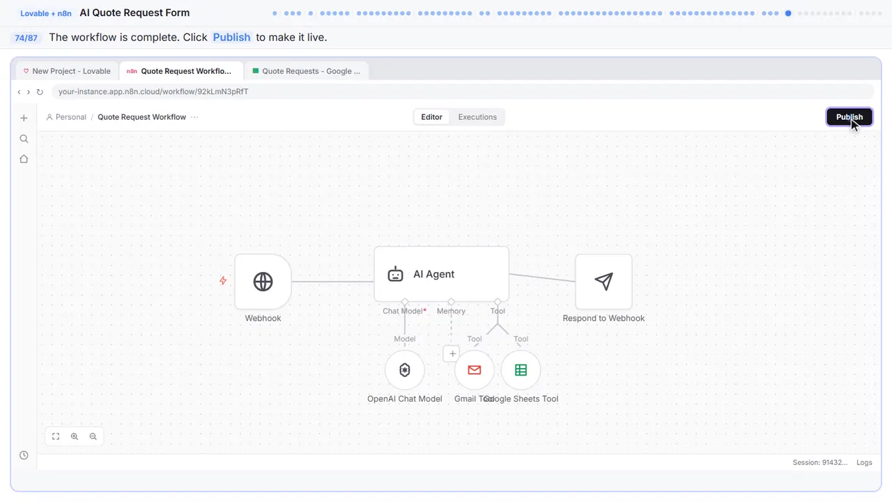 The n8n workflow editor in Stepthrough’s practice copy, step 74 of 87 (Publish the workflow): the cursor is on “Publish”, highlighted.