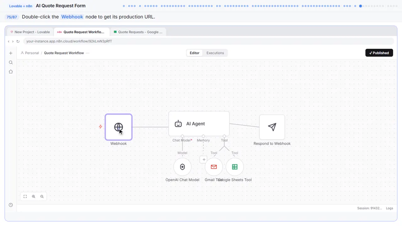 The n8n workflow canvas in Stepthrough’s practice copy, step 75 of 87 (Open the webhook): the cursor is on “Webhook”, highlighted.