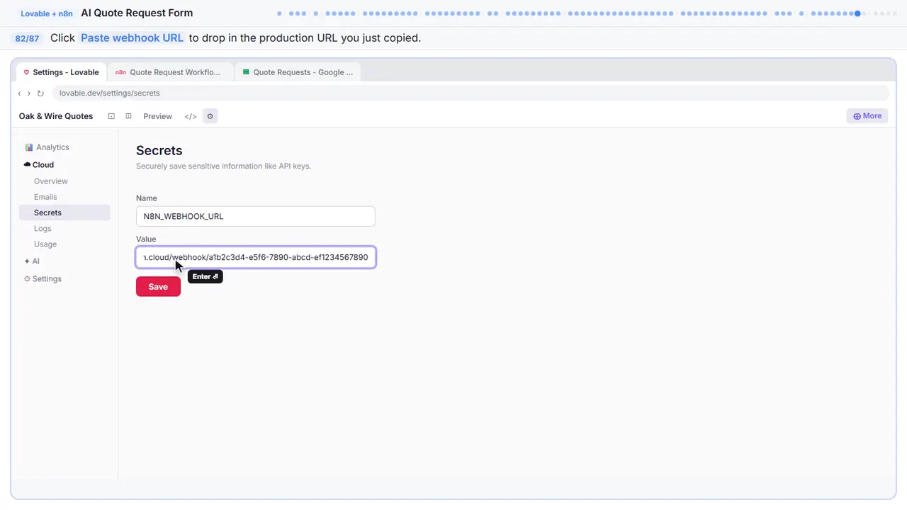 Lovable’s secrets settings in Stepthrough’s practice copy, step 82 of 87 (Paste the webhook URL): the webhook url is filled in (“https://your-instance.app.n8n.cloud/webhook/a1b…”).