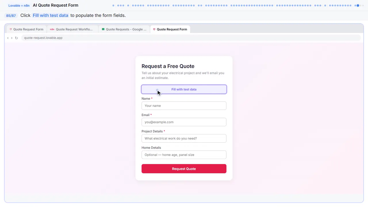 The Lovable app preview in Stepthrough’s practice copy, step 85 of 87 (Fill the form): the cursor is on “Fill with test data”, highlighted.