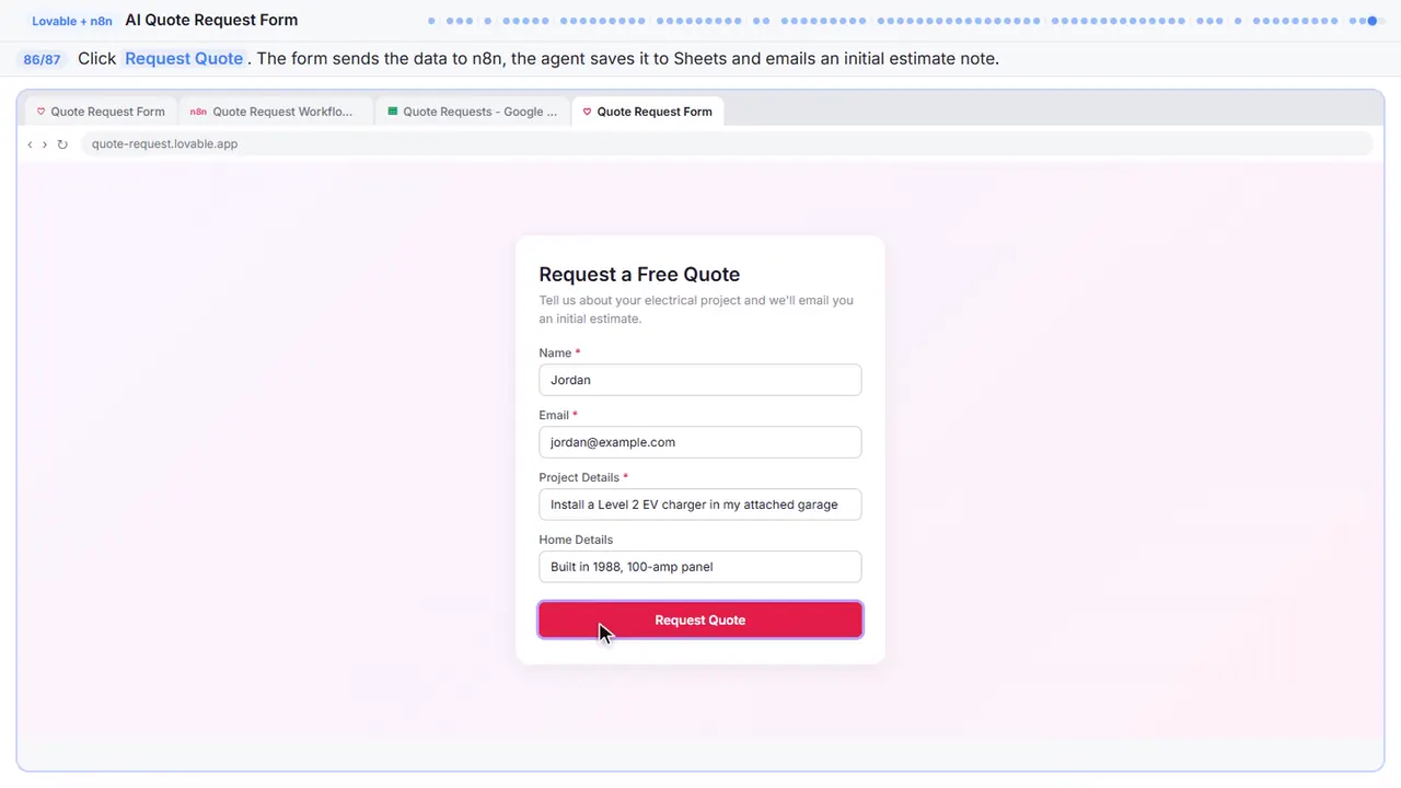 The Lovable app preview in Stepthrough’s practice copy, step 86 of 87 (Submit the form): the cursor is on “Request Quote”, highlighted.