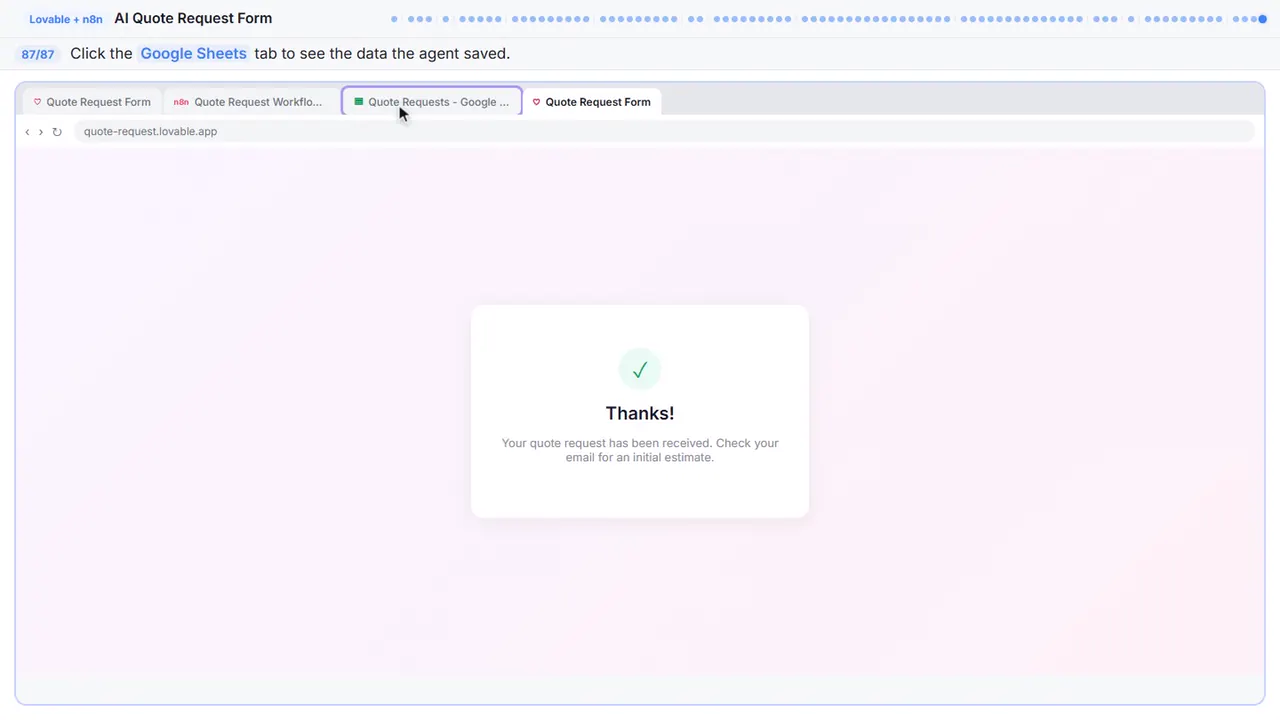 The Lovable app preview in Stepthrough’s practice copy, step 87 of 87 (Check the spreadsheet): the cursor is on “Google Sheets”, highlighted.