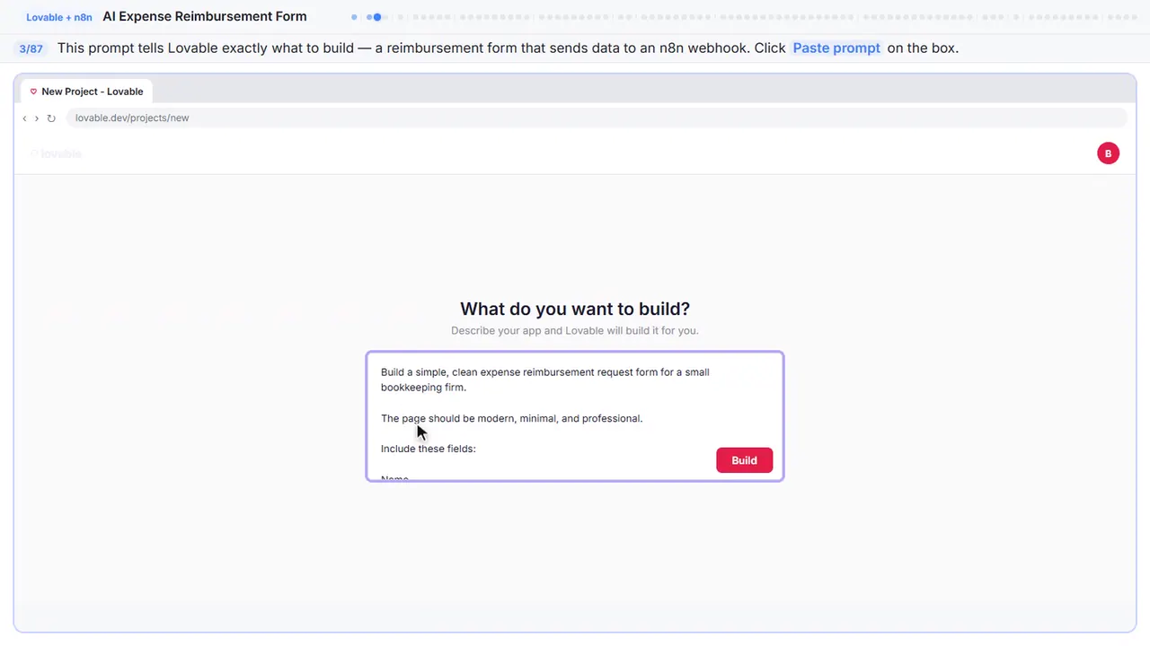 Lovable in Stepthrough’s practice copy, step 3 of 87 (Describe the form): the prompt is filled in (“Build a simple, clean expense reimbursement…”).