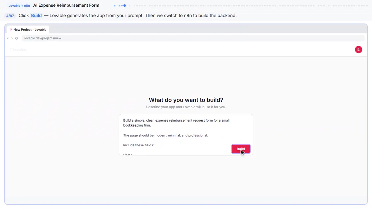 Lovable in Stepthrough’s practice copy, step 4 of 87 (Build the app): the cursor is on “Build”, highlighted.