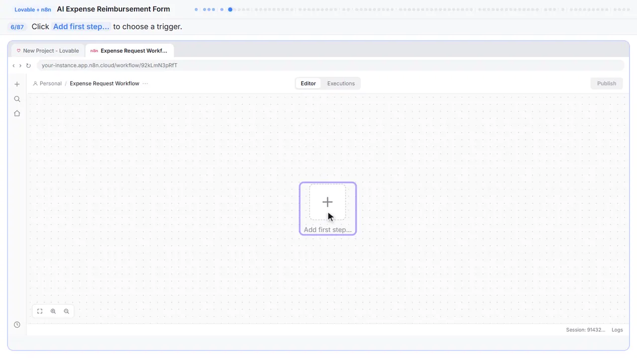 The n8n workflow canvas in Stepthrough’s practice copy, step 6 of 87 (Add the first step): the cursor is on “Add first step…”, highlighted.