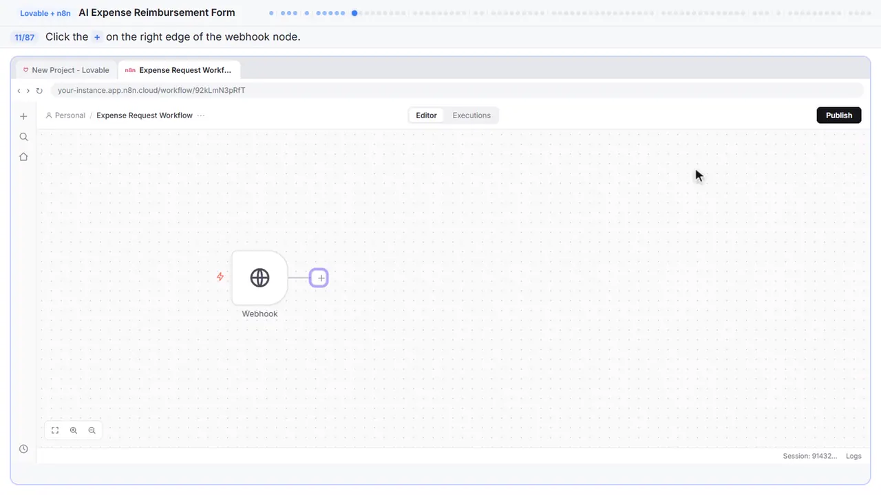 The n8n workflow canvas in Stepthrough’s practice copy, step 11 of 87 (Add the next node): the cursor is on “+”, highlighted.