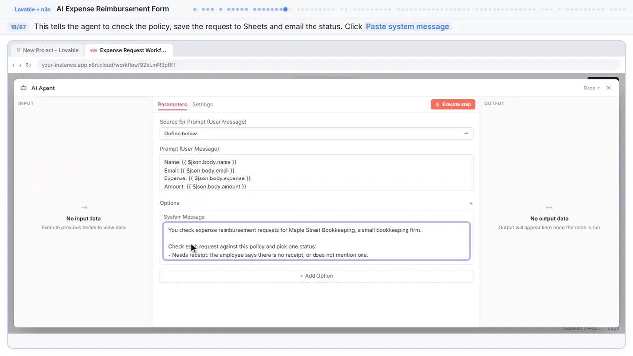 An n8n node’s settings window in Stepthrough’s practice copy, step 18 of 87 (Write the system message): the system message is filled in (“You check expense reimbursement requests for…”).