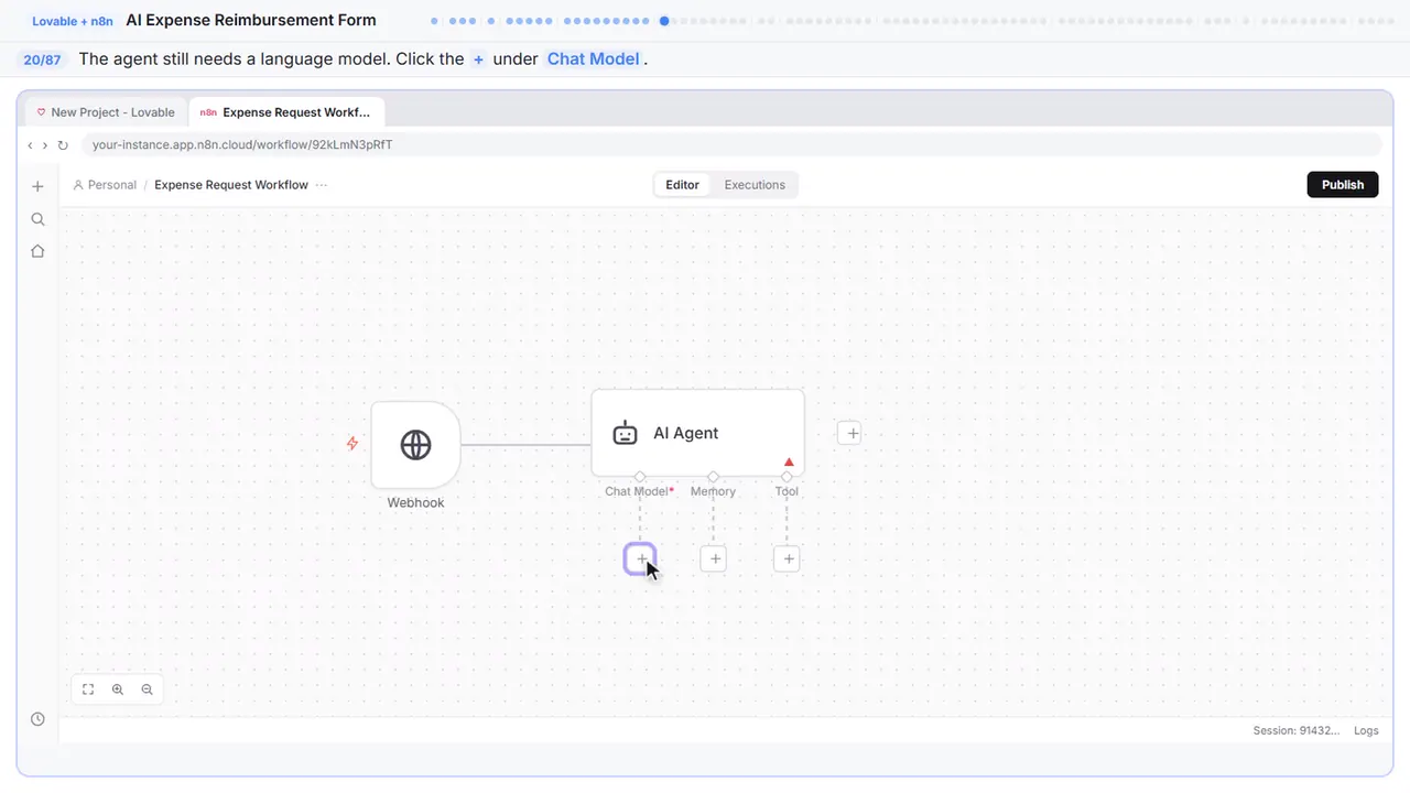 The n8n workflow canvas in Stepthrough’s practice copy, step 20 of 87 (Give the agent a brain): the cursor is on “+”, highlighted.