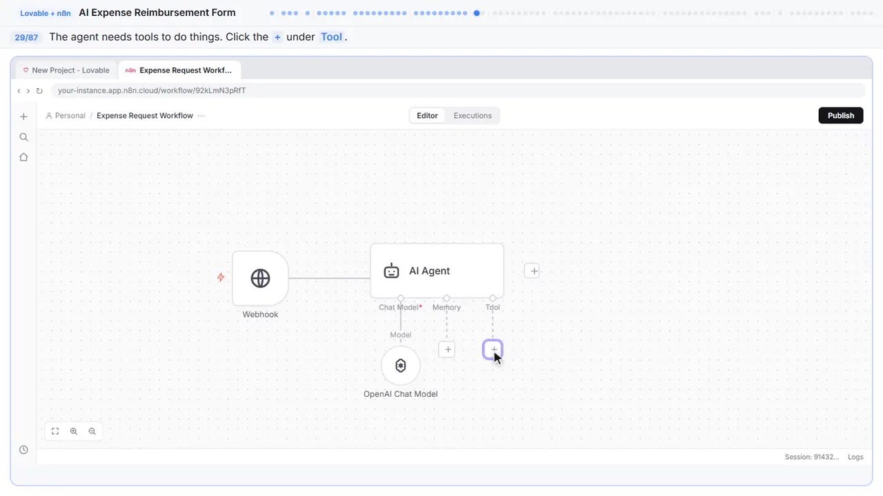 The n8n workflow canvas in Stepthrough’s practice copy, step 29 of 87 (Add a tool): the cursor is on “+”, highlighted.