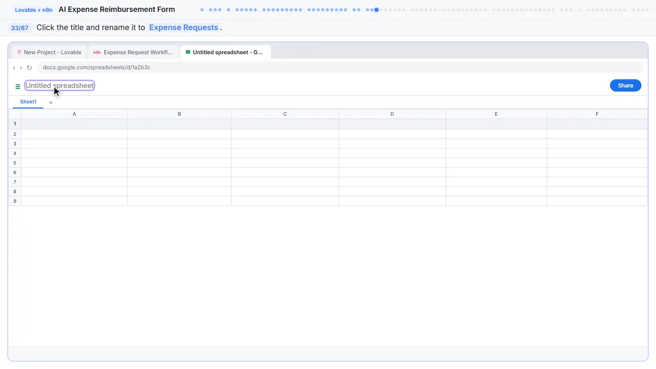 Google Sheets in Stepthrough’s practice copy, step 33 of 87 (Name the spreadsheet): the cursor is on “Expense Requests”, highlighted.