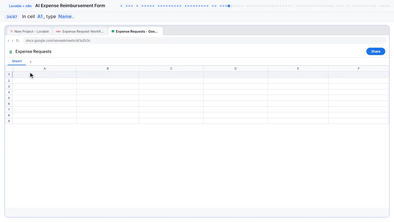 Google Sheets in Stepthrough’s practice copy, step 34 of 87 (Type the first column header): the cursor is on “A1”, highlighted.