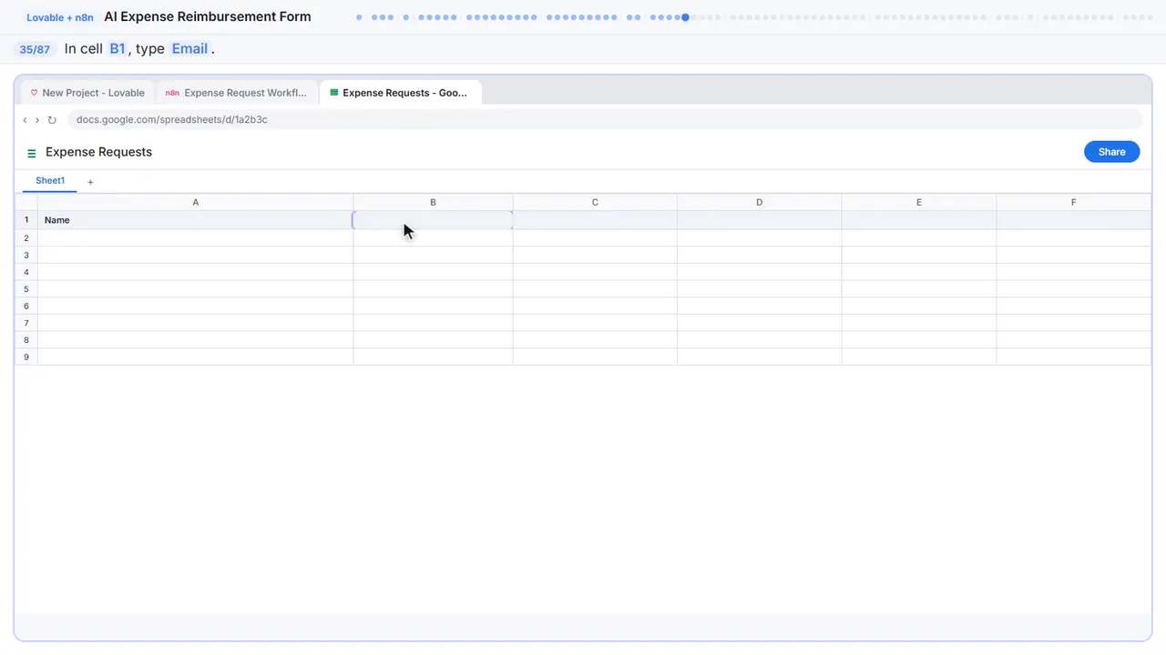 Google Sheets in Stepthrough’s practice copy, step 35 of 87 (Email): the cursor is on “B1”, highlighted.