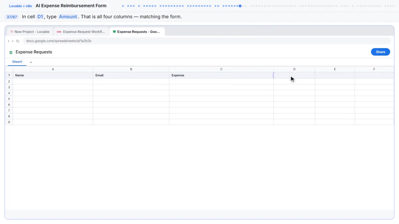 Google Sheets in Stepthrough’s practice copy, step 37 of 87 (Amount): the cursor is on “D1”, highlighted.