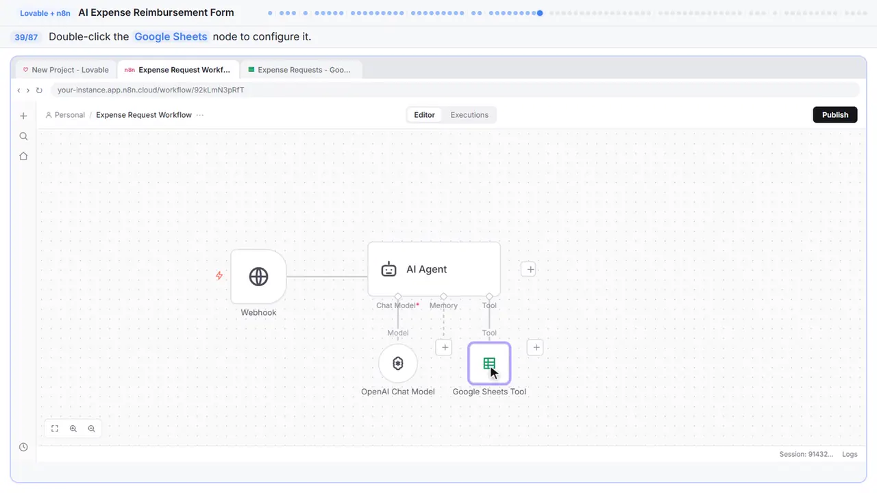 The n8n workflow canvas in Stepthrough’s practice copy, step 39 of 87 (Open the Sheets node): the cursor is on “Google Sheets”, highlighted.