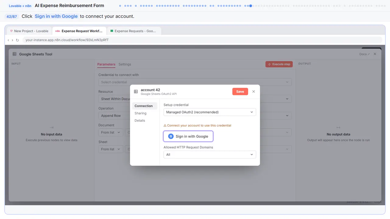 The Google sign-in window in Stepthrough’s practice copy, step 42 of 87 (Sign in with Google): the cursor is on “Sign in with Google”, highlighted.