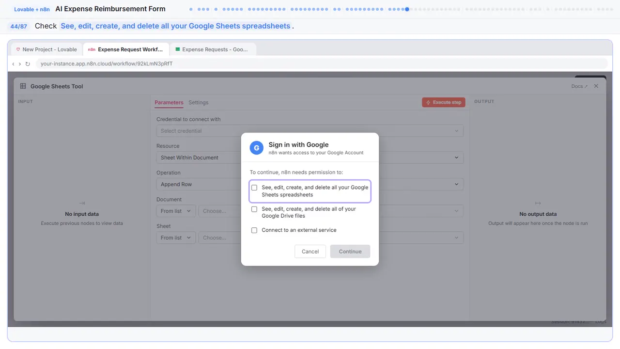 The Google sign-in window in Stepthrough’s practice copy, step 44 of 87 (Allow Sheets access): the cursor is on “See, edit, create, and delete all your Google Sheets…”, highlighted.