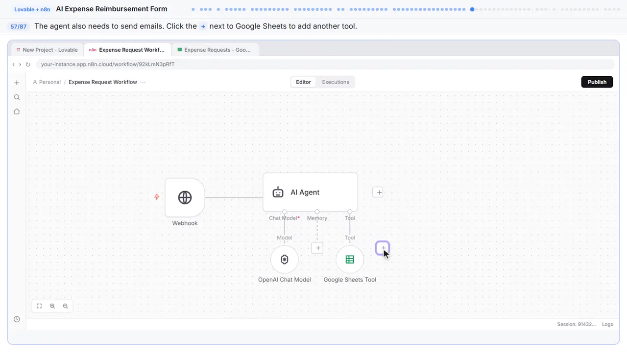 The n8n workflow canvas in Stepthrough’s practice copy, step 57 of 87 (Add another tool): the cursor is on “+”, highlighted.