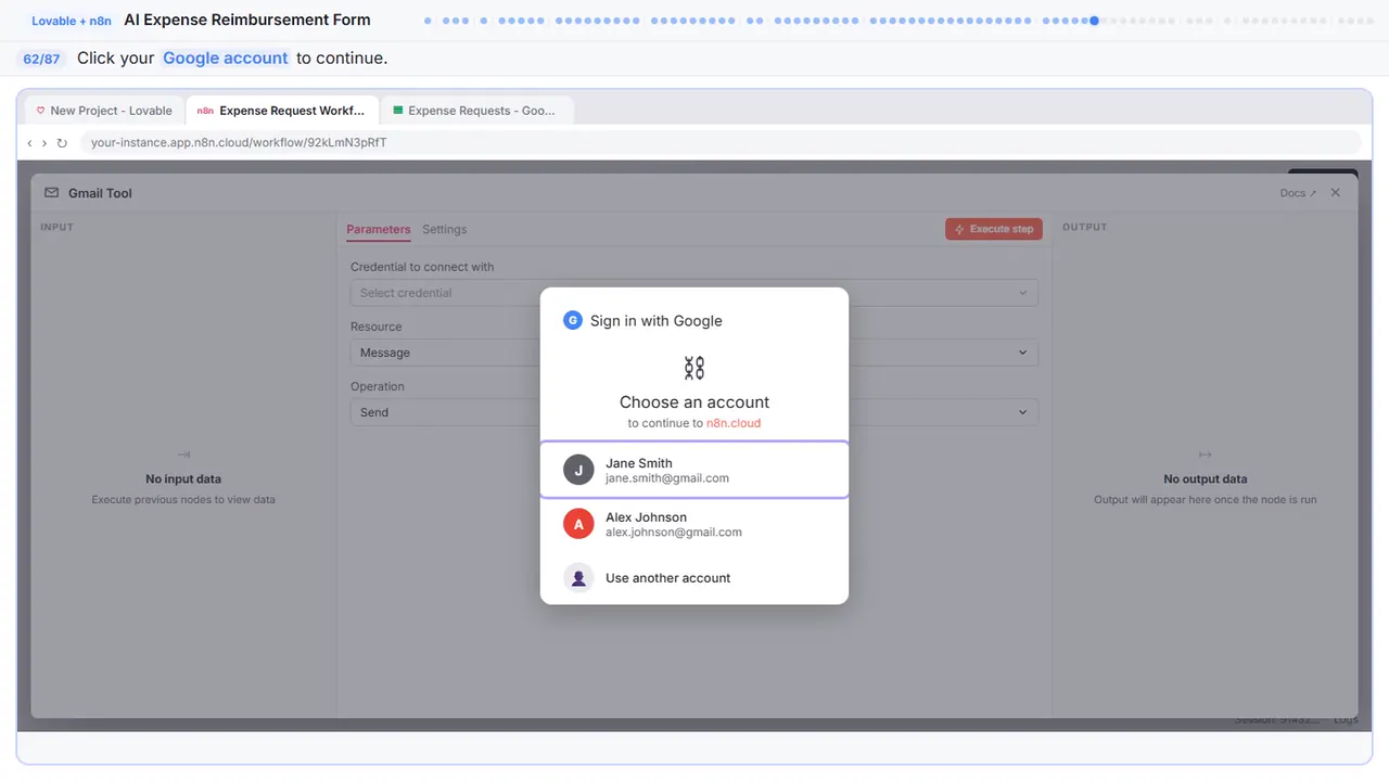 Gmail in Stepthrough’s practice copy, step 62 of 87 (Choose your account): the cursor is on “Google account”, highlighted.