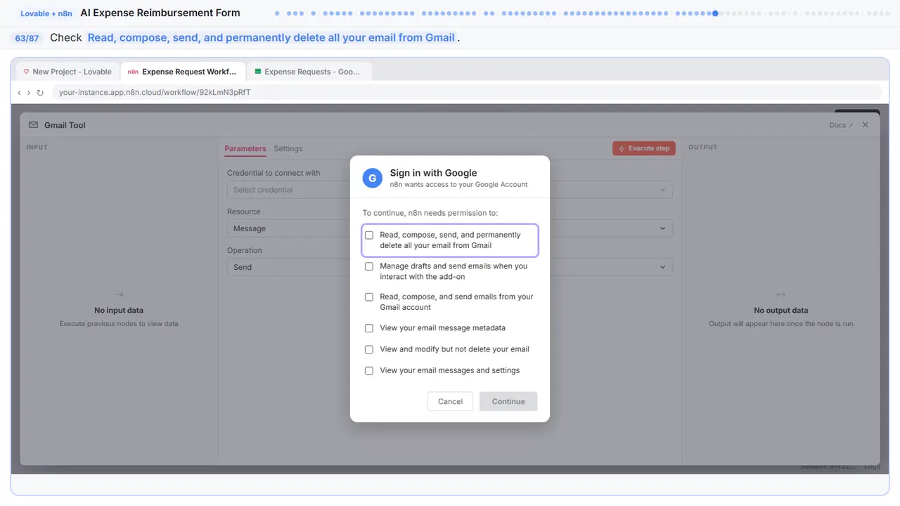 Gmail in Stepthrough’s practice copy, step 63 of 87 (Allow email access): the cursor is on “Read, compose, send, and permanently delete all your email…”, highlighted.