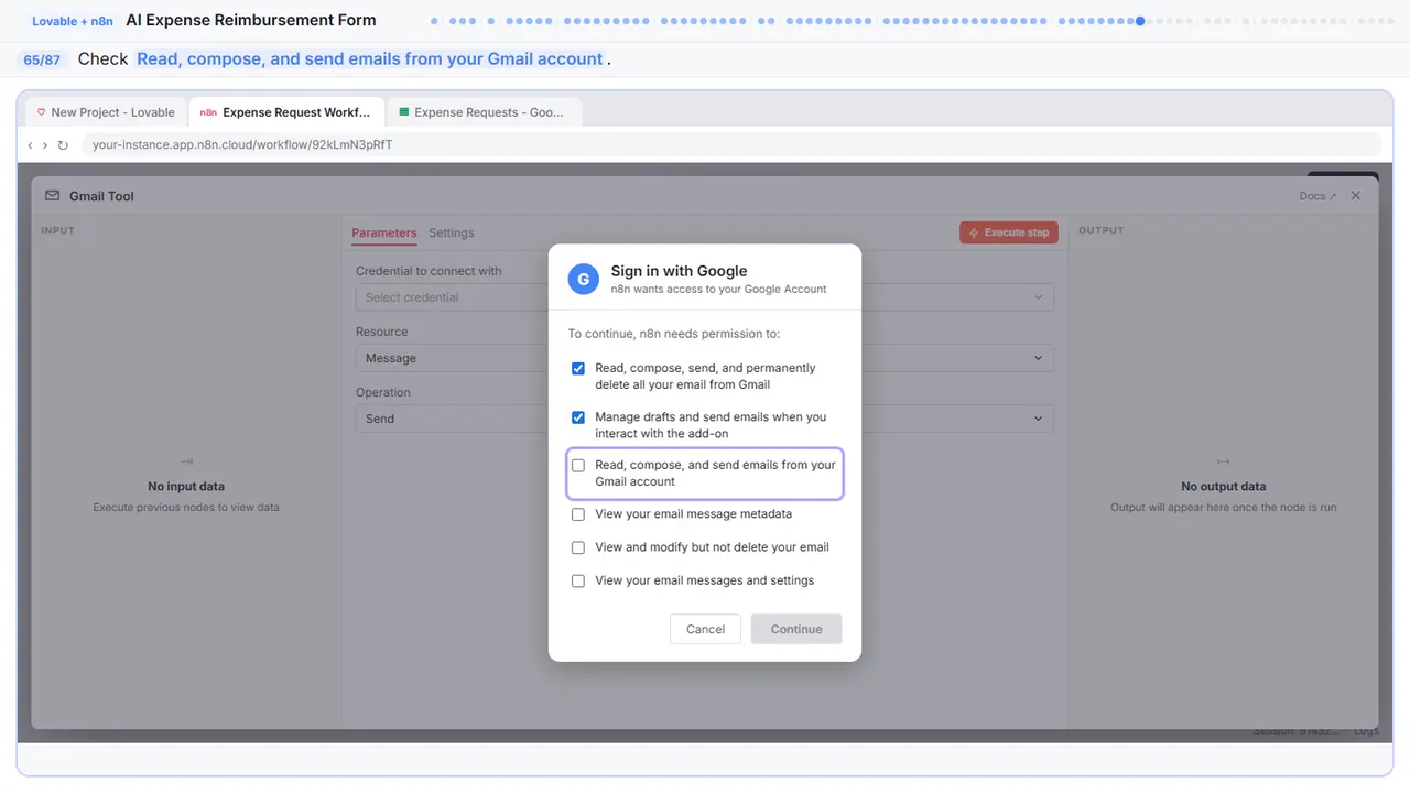 Gmail in Stepthrough’s practice copy, step 65 of 87 (Allow compose): the cursor is on “Read, compose, and send emails from your Gmail account”, highlighted.
