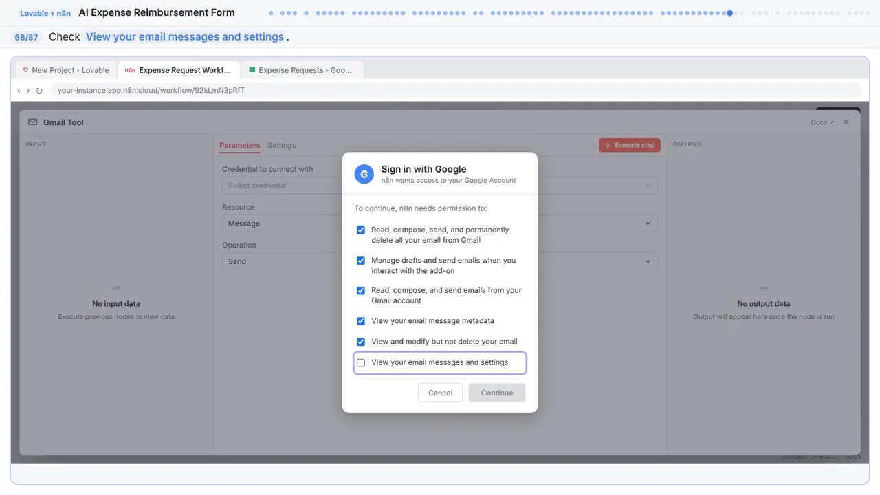 Gmail in Stepthrough’s practice copy, step 68 of 87 (Allow view): the cursor is on “View your email messages and settings”, highlighted.