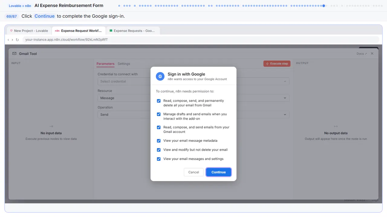Gmail in Stepthrough’s practice copy, step 69 of 87 (Sign in): the cursor is on “Continue”, highlighted.