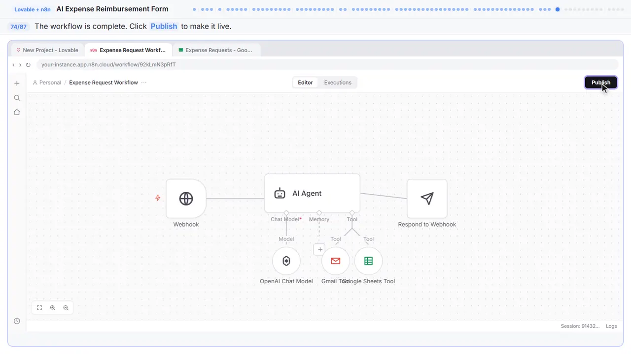 The n8n workflow editor in Stepthrough’s practice copy, step 74 of 87 (Publish the workflow): the cursor is on “Publish”, highlighted.