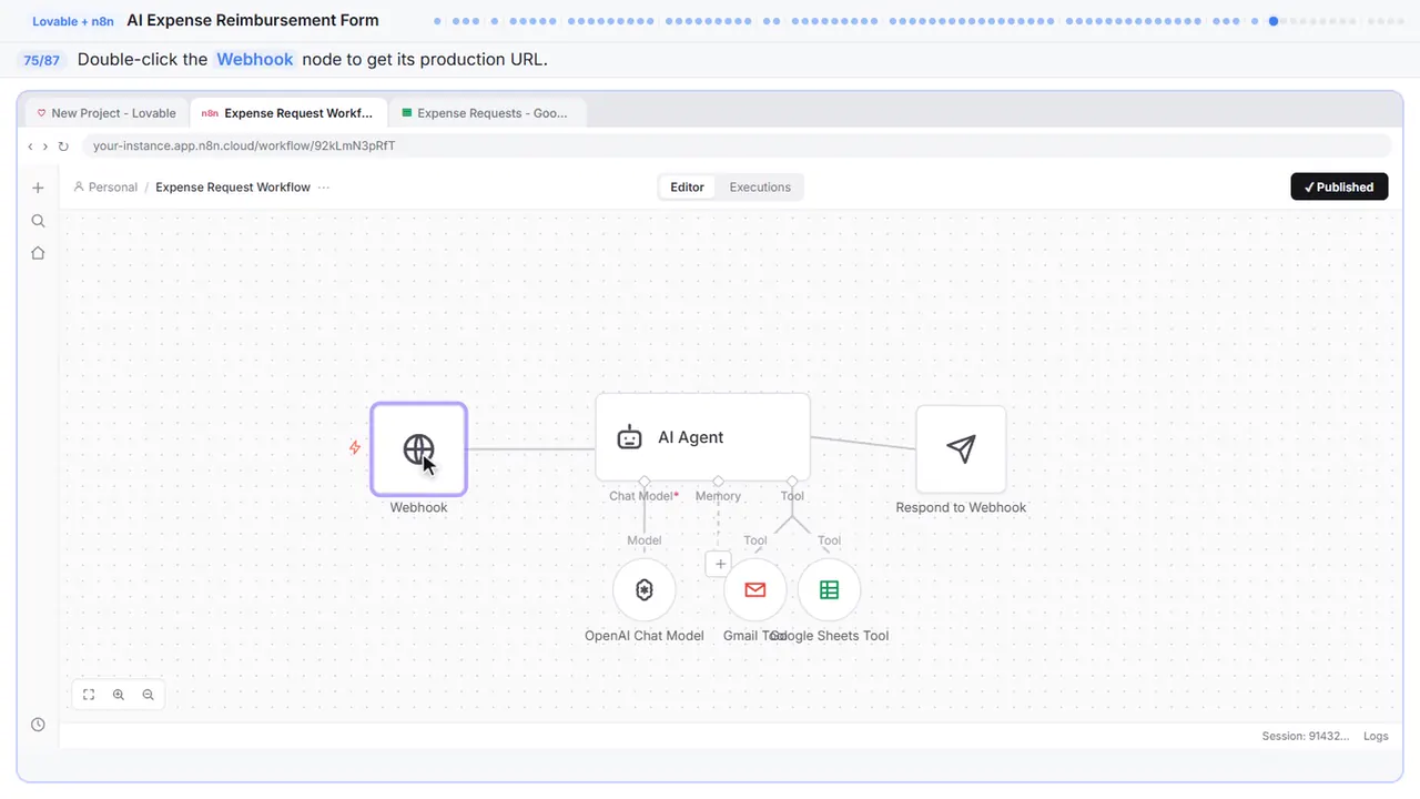 The n8n workflow canvas in Stepthrough’s practice copy, step 75 of 87 (Open the webhook): the cursor is on “Webhook”, highlighted.