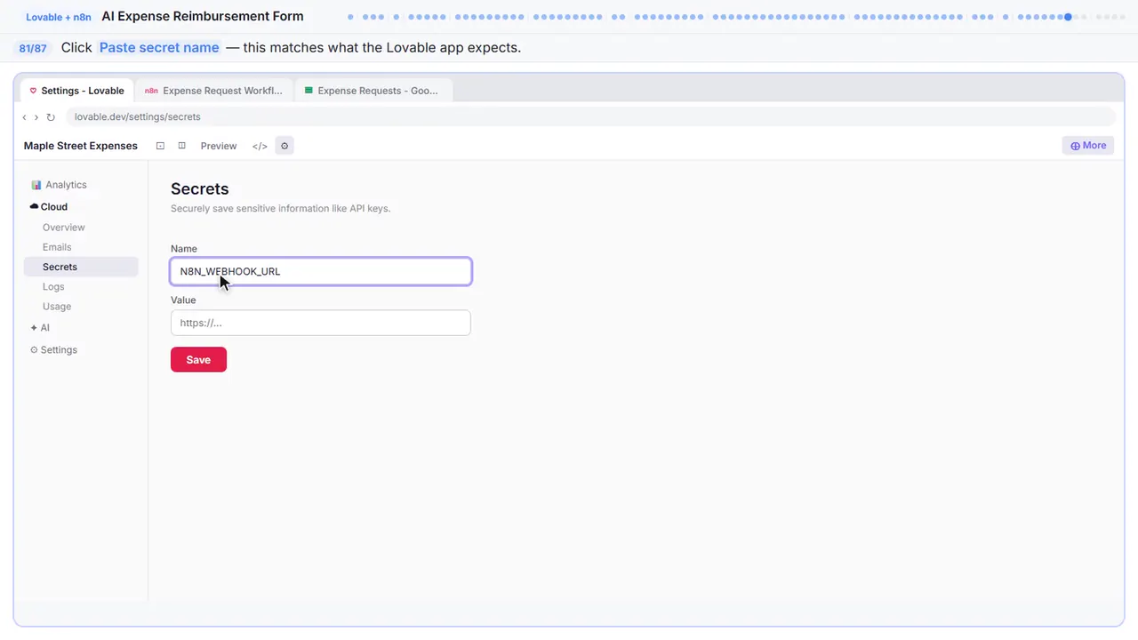 Lovable’s secrets settings in Stepthrough’s practice copy, step 81 of 87 (Name the secret): the secret name is filled in (“N8N_WEBHOOK_URL”).