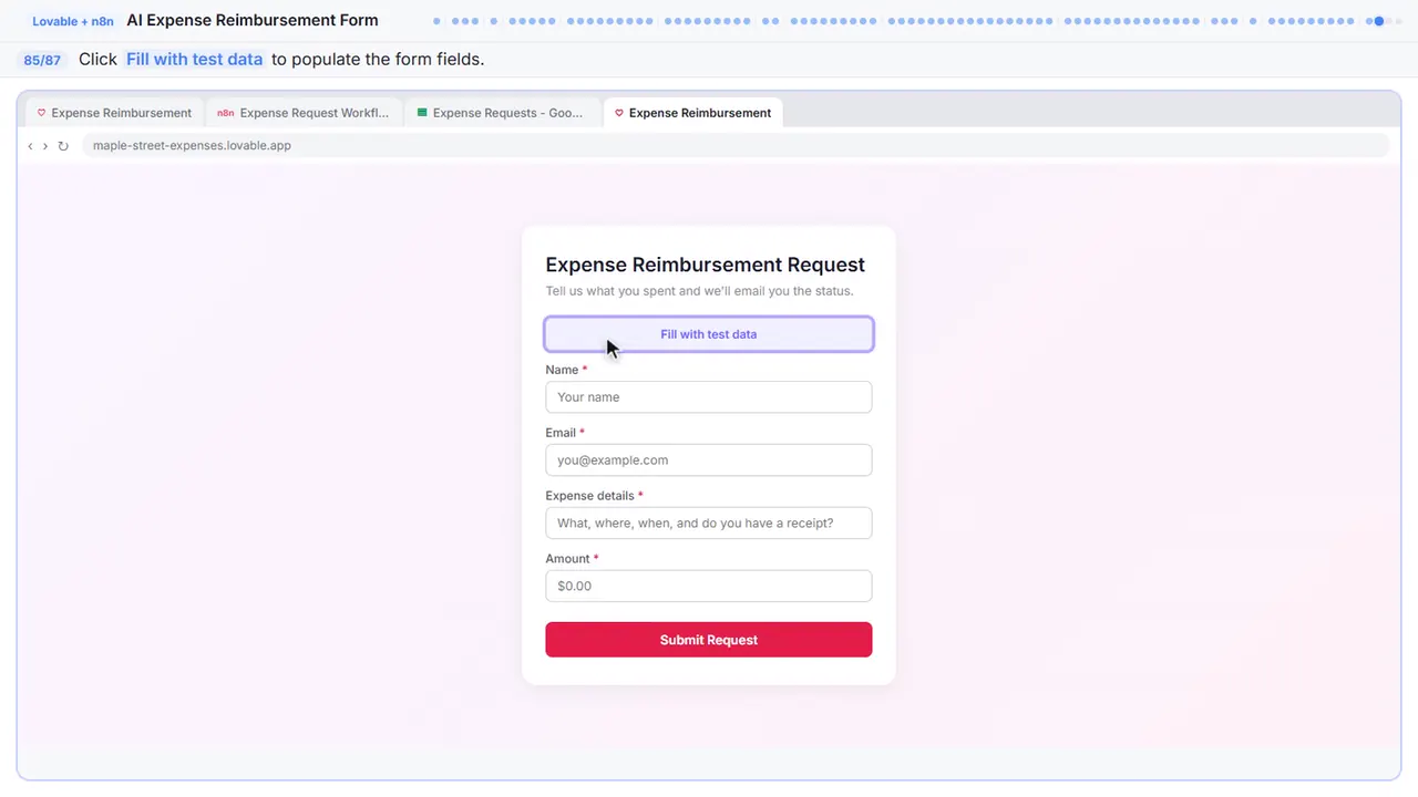 The Lovable app preview in Stepthrough’s practice copy, step 85 of 87 (Fill the form): the cursor is on “Fill with test data”, highlighted.