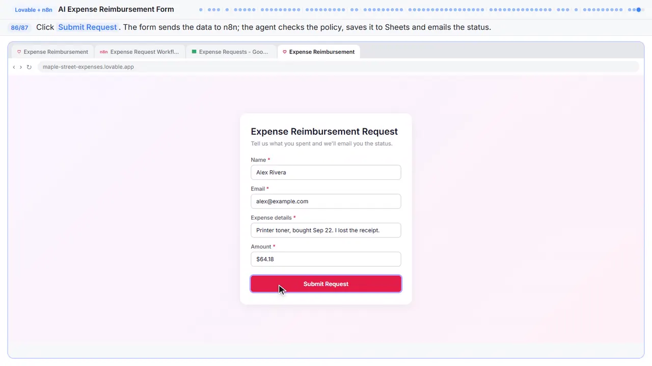 The Lovable app preview in Stepthrough’s practice copy, step 86 of 87 (Submit the form): the cursor is on “Submit Request”, highlighted.