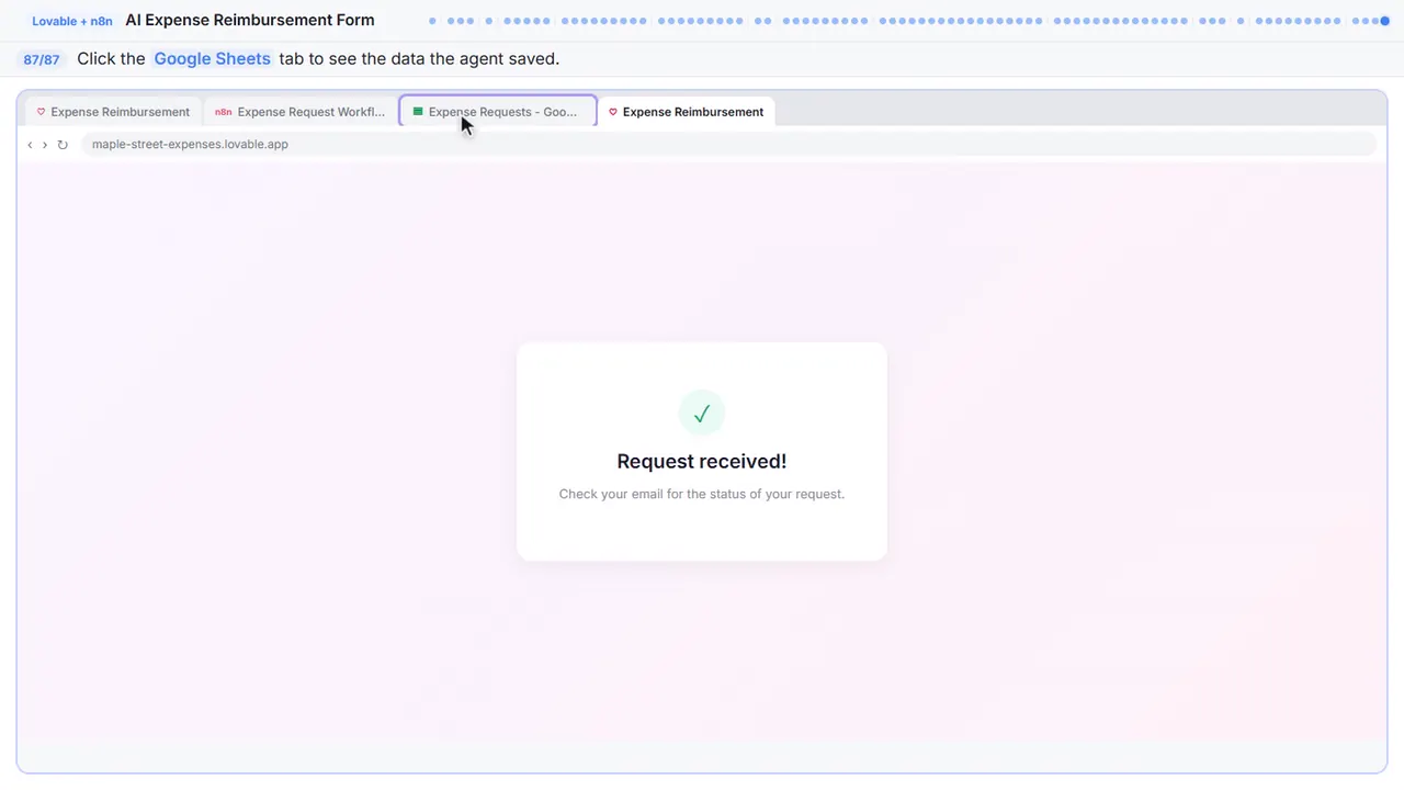 The Lovable app preview in Stepthrough’s practice copy, step 87 of 87 (Check the spreadsheet): the cursor is on “Google Sheets”, highlighted.