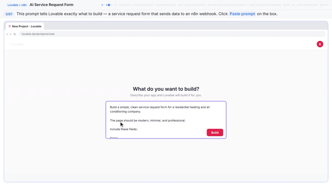 Lovable in Stepthrough’s practice copy, step 3 of 87 (Describe the form): the prompt is filled in (“Build a simple, clean service request form for…”).
