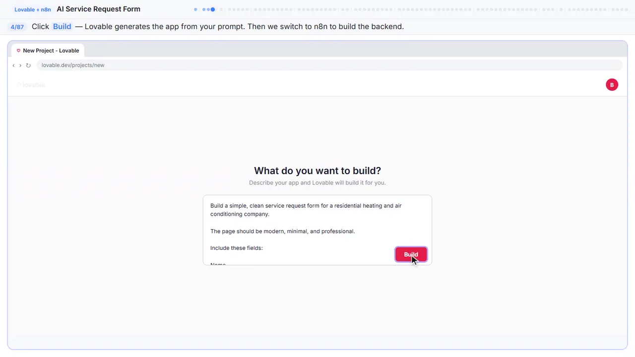 Lovable in Stepthrough’s practice copy, step 4 of 87 (Build the app): the cursor is on “Build”, highlighted.