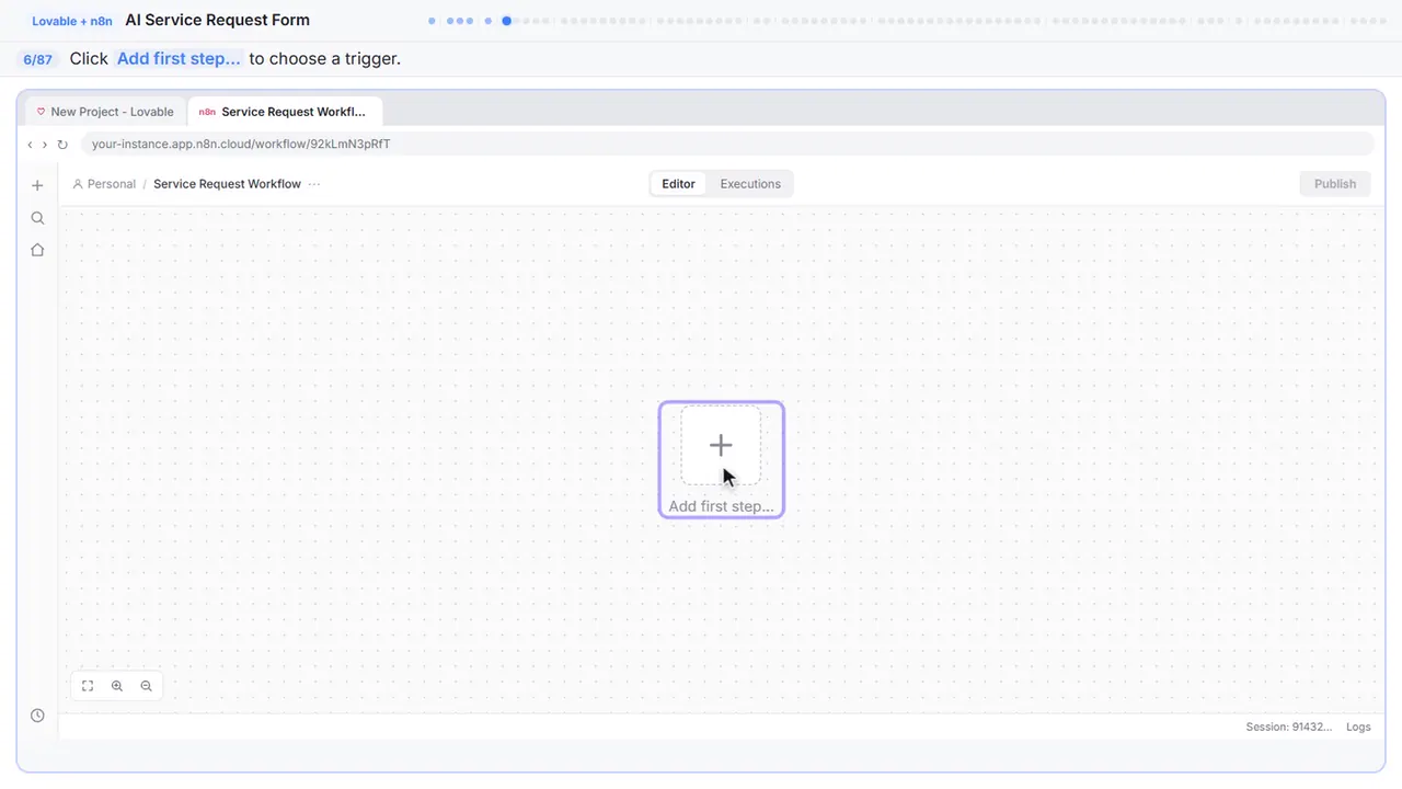 The n8n workflow canvas in Stepthrough’s practice copy, step 6 of 87 (Add the first step): the cursor is on “Add first step…”, highlighted.