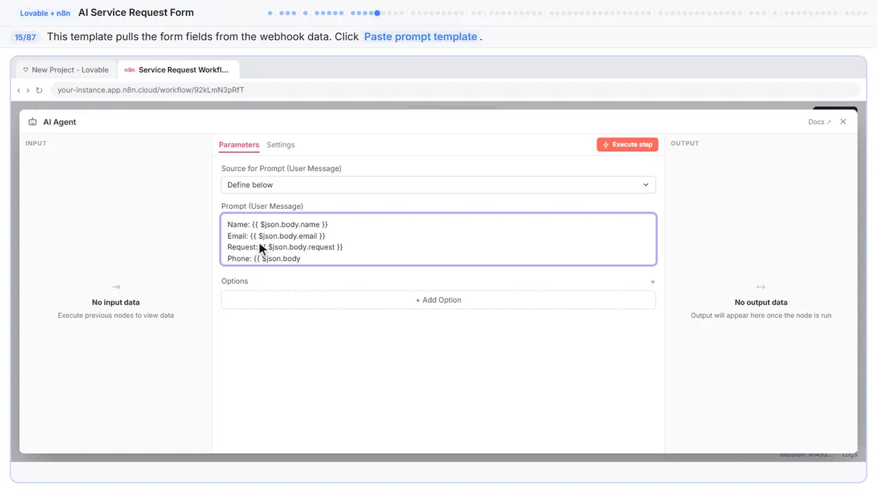 An n8n node’s settings window in Stepthrough’s practice copy, step 15 of 87 (Write the prompt template): the prompt template is filled in (“Name: {{ $json.body.name }} Email: {{…”).