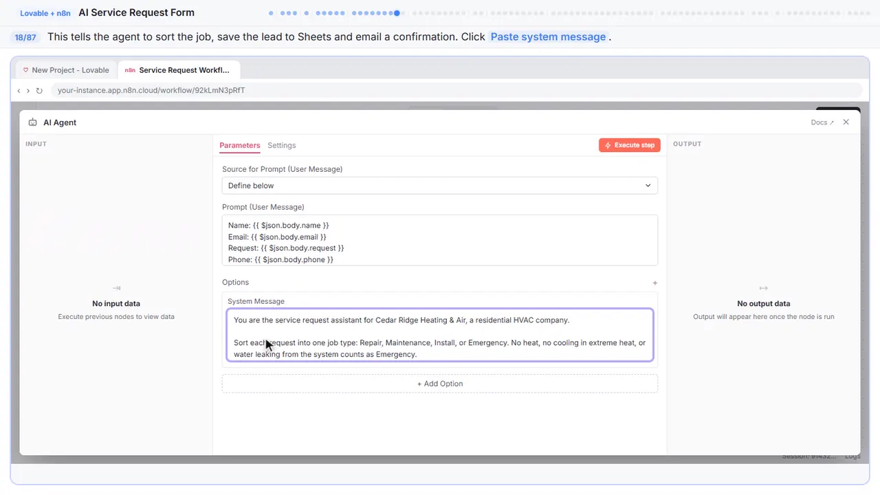 An n8n node’s settings window in Stepthrough’s practice copy, step 18 of 87 (Write the system message): the system message is filled in (“You are the service request assistant for…”).