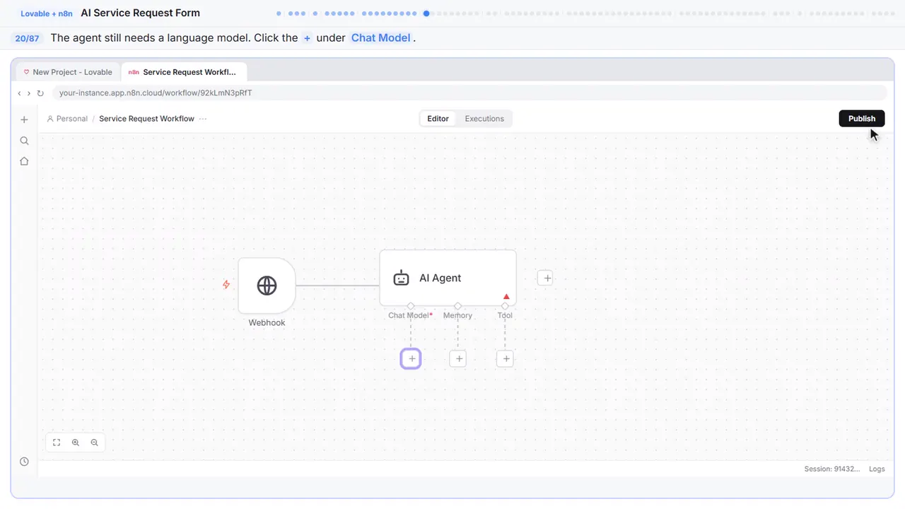 The n8n workflow canvas in Stepthrough’s practice copy, step 20 of 87 (Give the agent a brain): the cursor is on “+”, highlighted.