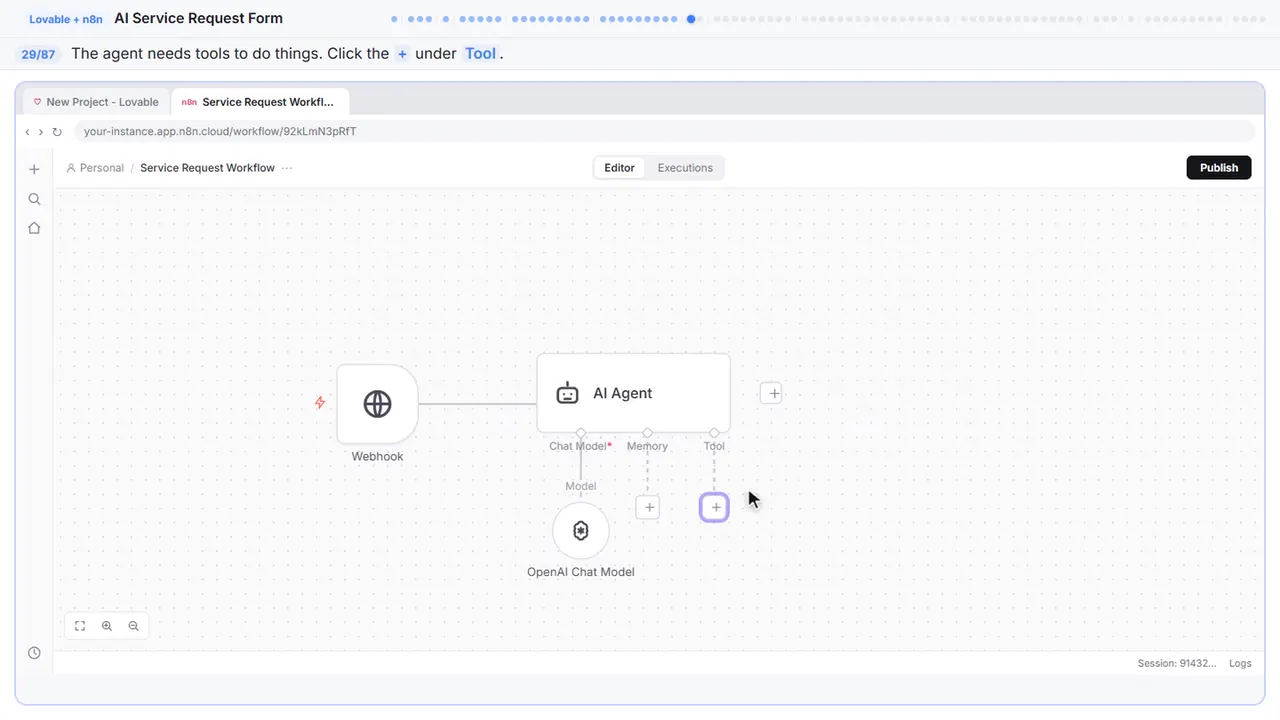The n8n workflow canvas in Stepthrough’s practice copy, step 29 of 87 (Add a tool): the cursor is on “+”, highlighted.