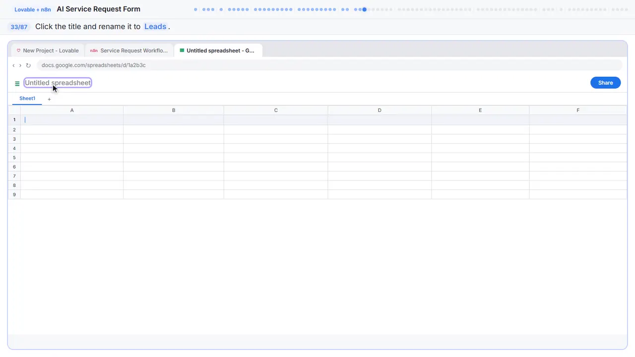 Google Sheets in Stepthrough’s practice copy, step 33 of 87 (Name the spreadsheet): the cursor is on “Leads”, highlighted.