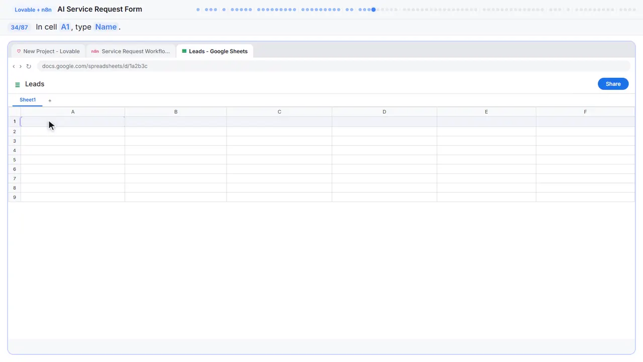 Google Sheets in Stepthrough’s practice copy, step 34 of 87 (Type the first column header): the cursor is on “A1”, highlighted.