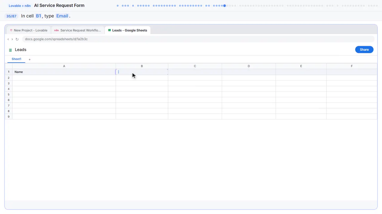 Google Sheets in Stepthrough’s practice copy, step 35 of 87 (Email): the cursor is on “B1”, highlighted.