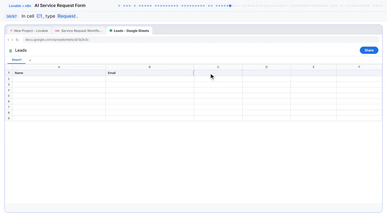 Google Sheets in Stepthrough’s practice copy, step 36 of 87 (Request): the cursor is on “C1”, highlighted.