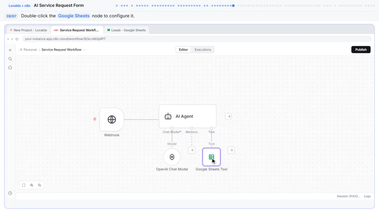 The n8n workflow canvas in Stepthrough’s practice copy, step 39 of 87 (Open the Sheets node): the cursor is on “Google Sheets”, highlighted.