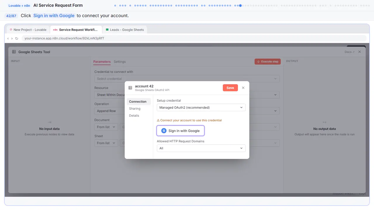 The Google sign-in window in Stepthrough’s practice copy, step 42 of 87 (Sign in with Google): the cursor is on “Sign in with Google”, highlighted.