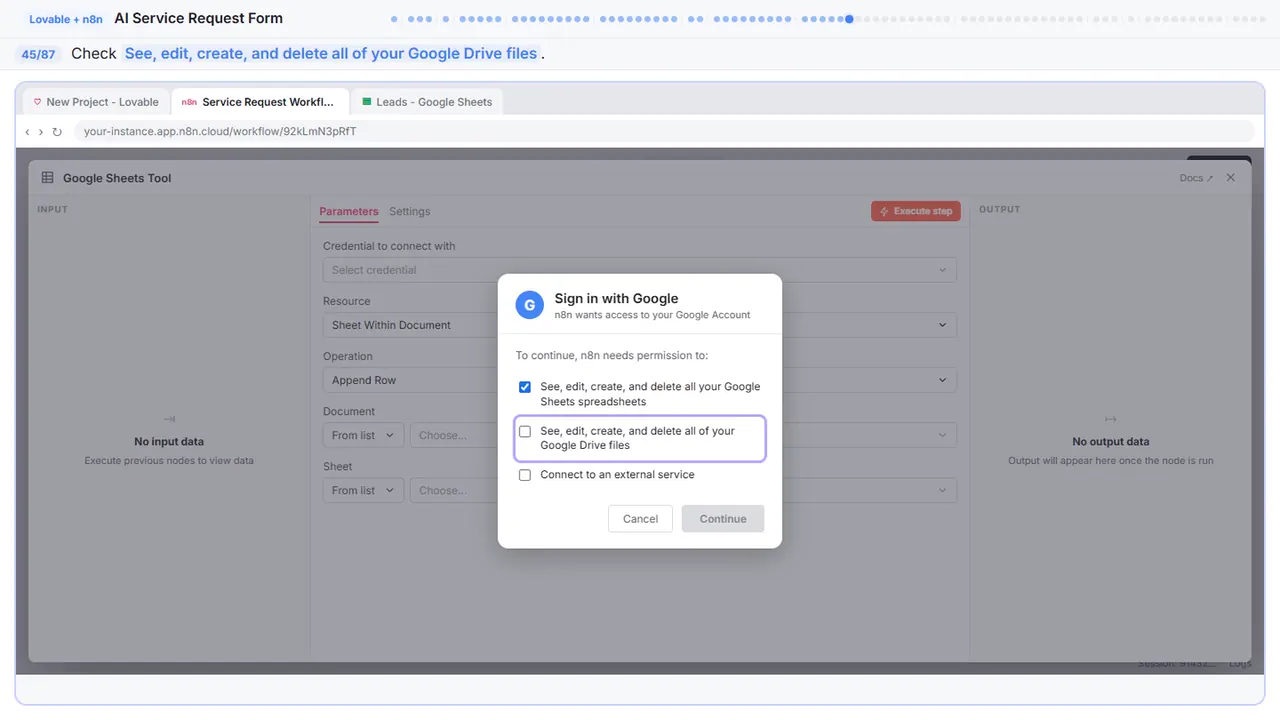 The Google sign-in window in Stepthrough’s practice copy, step 45 of 87 (Allow Drive access): the cursor is on “See, edit, create, and delete all of your Google Drive files”, highlighted.