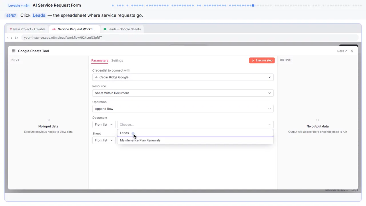 A dropdown menu in n8n in Stepthrough’s practice copy, step 49 of 87 (Leads): the cursor is on “Leads”, highlighted.