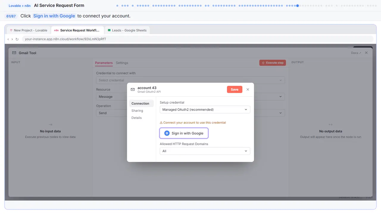 Gmail in Stepthrough’s practice copy, step 61 of 87 (Sign in with Google): the cursor is on “Sign in with Google”, highlighted.